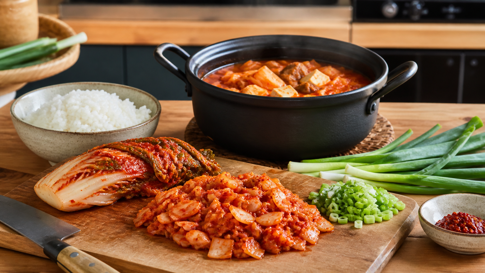 도마 위 잘게 썬 김치와 김치찌개 준비 장면